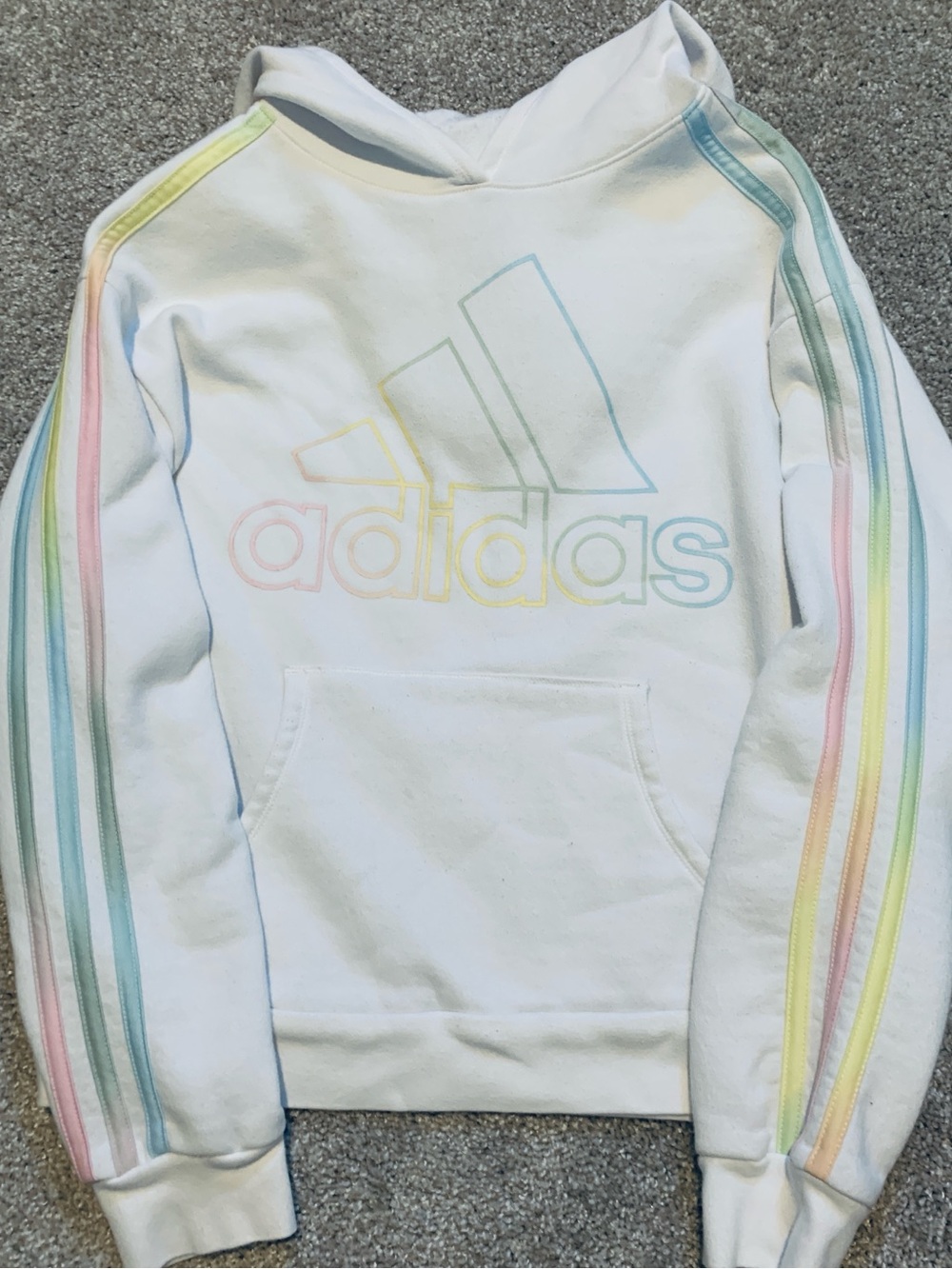 Adidas White Fleece Hoodie with Pastel Logo and Stripes - Large